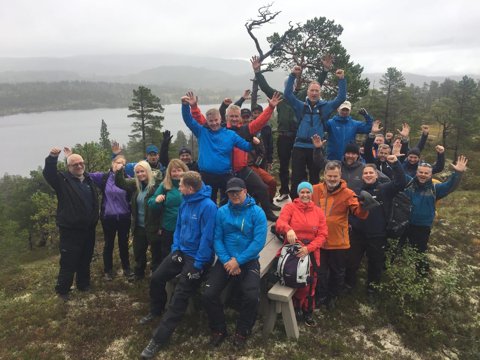 Medlemmer på fjelltur med hendene i været